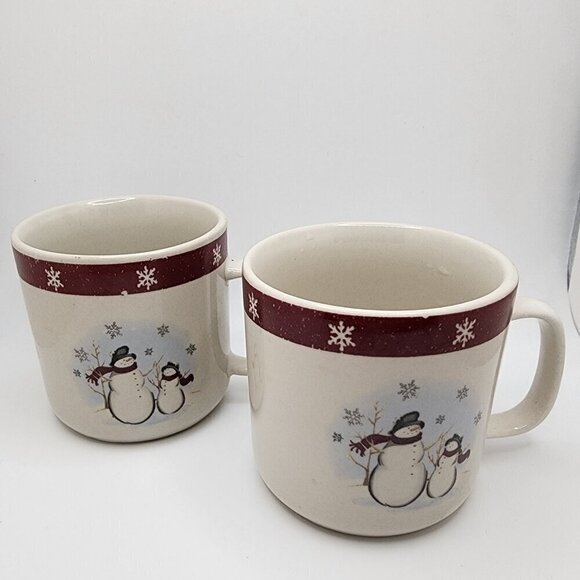 Set of 2 Vintage Royal Season's Stoneware "Snowmen with Snowflakes" Mugs - Picture 1 of 5